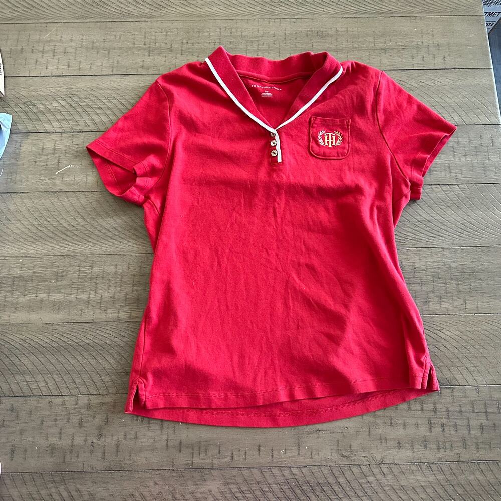 Women's Red White Gold Polo Shirt Tommy Hilfiger Size Large